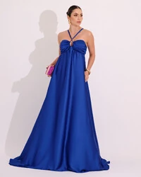 Vestido de Festa Longo Cetim Fluido Frente Única Costa Cruzada Azul Royal