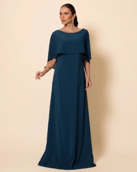 Vestido de Festa Longo Crepe Chiffon com Capa e Degagê nas Costas Verde Escuro
