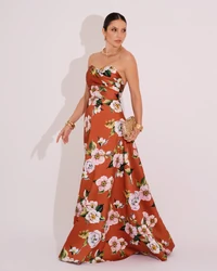 Vestido de Festa Longo Tomara que Caia Estampado Decote Drapeado Terracota