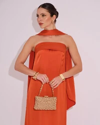 Vestido de Festa Longo Tomara que Caia Cetim com Lenço Terracota