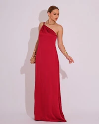 Vestido de Festa Longo em Cetim Fluido um Ombro Só Marsala