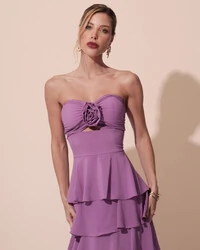 Vestido Longo Crepe Chiffon Tomara que Caia Plissado em Camadas Fúcsia