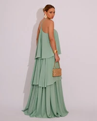 Vestido Longo Babado em Camadas Verde Menta