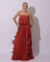 Vestido de Festa Longo Crepe Chiffon Tomara que Caia Plissado com Babado Cascata Terracota
