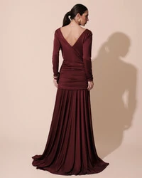 Vestido de Festa Longo Malha Degagê Drapeado Manga Longa Marsala Escuro