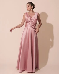 Vestido de Festa Longo Plus Size Zibeline Faixa e Flor Rose