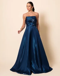 Vestido de Festa Longo Cetim Cristal Tomara que Caia Drapeado Verde Escuro