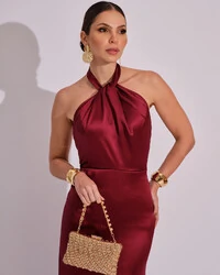 Vestido de Festa Longo em Cetim Alfaiataria com Elastano Frente Única Marsala