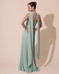 Vestido de Festa Longo Plissado Crepe Chiffon com Alça e Lenço Menta