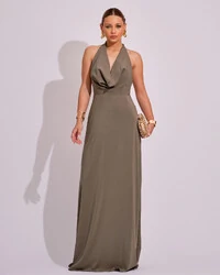 Vestido de Festa Longo com Decote Degagê Verde Oliva