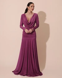 Vestido de Festa Longo Malha Degagê Drapeado Manga Longa Fúcsia