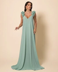 Vestido de Festa Longo Crepe Chiffon Fluido Decote em V Flores Verde Menta