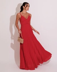 Vestido de Festa Longo Plissado Crepe Chiffon com Alça Vermelho