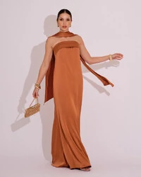 Vestido Longo de Festa Tomara que Caia Cetim com Lenço Mocha Mousse