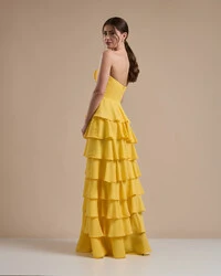 Vestido Longo Crepe Chiffon Tomara que Caia Plissado em Camadas Amarelo