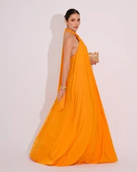 Vestido Longo com Amarração em Malha Laranja Manga