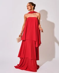 Vestido de Festa Longo Chiffon Crepe em Camadas com Lenço Vermelho