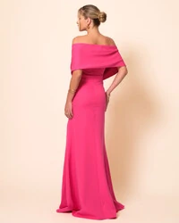 Vestido de Festa Longo Alfaiataria Ombro a Ombro Laço e Fenda Pink