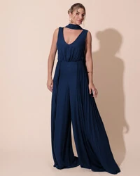 Macacão de Festa Longo Crepe Pantalona Plissado e Lenço Azul Marinho