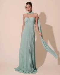 Vestido de Festa Longo Tomara que Caia Plissado com Lenço Verde Menta