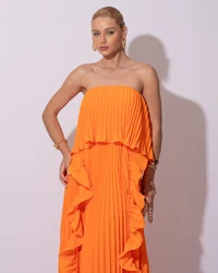 Vestido de Festa Longo Crepe Chiffon Tomara que Caia Plissado com Babado Cascata Laranja