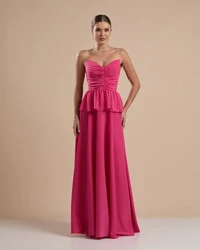 Vestido de Festa Longo Crepe Chiffon Tomara que Caia Peplum Drapeado Pink New