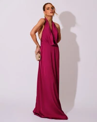 Vestido de Festa Longo Frente Única Degagê Cetim Fluido Cereja