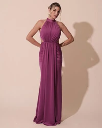 Vestido de Festa Longo Malha Jersey Gola Alta Saia Sereia Fúcsia