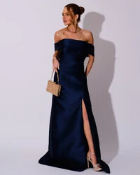 Vestido de Festa Longo Zibeline Ombro a Ombro Drapeado e Fenda Azul Marinho