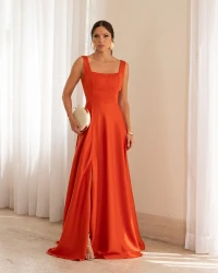 Vestido Longo de Festa Cetim Fenda Laranja