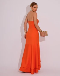 Vestido Longo com Fenda de Babados Alfaiataria Laranja