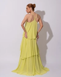 Vestido Longo Crepe Chiffon Babado em Camadas Verde Lima