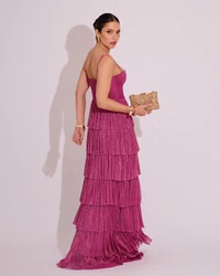 Vestido de Festa Longo Tule Glitter com Camadas Fúcsia