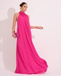 Vestido Longo Crepe Chiffon Frente Única Fluido Flor Removível Pink