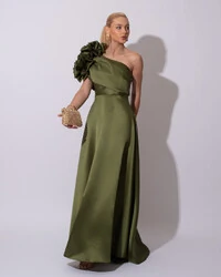 Vestido de Festa Longo Zibeline um Ombro Só Flor Drapeado Verde Oliva