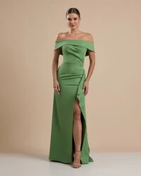 Vestido de Festa Longo Ombro a Ombro com Fenda em Alfaiataria Verde Matcha