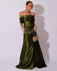 Vestido de Festa Longo Zibeline Ombro a Ombro Drapeado e Fenda Verde Oliva