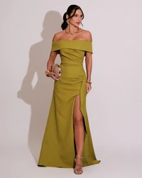 Vestido de Festa Longo Ombro a Ombro com Fenda em Alfaiataria Verde Oliva Claro