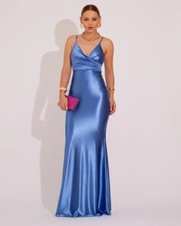 Vestido de Festa Longo Malha Cetim Busto Drapeado Saia Sereia Azul