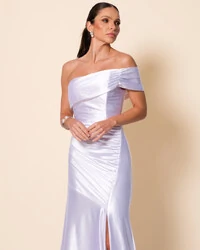 Vestido de Festa Longo Cetim Malha Metálico Ombro a Ombro Branco