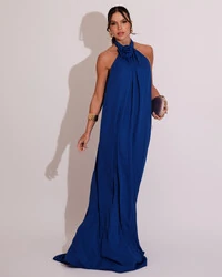 Vestido Longo Crepe Chiffon Frente Única Fluido Flor Removível Azul Royal