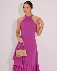 Vestido de Festa Longo Decote Halter com Babados Fúcsia