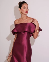 Vestido de Festa Longo Ombro a Ombro Zibeline com Babado Fúcsia