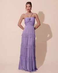 Vestido de Festa Longo Tule com Saia Babado Lilás