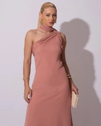 Vestido de Festa Longo Crepe Chiffon Um Ombro Só Drapeado Lenço Fixo Rose