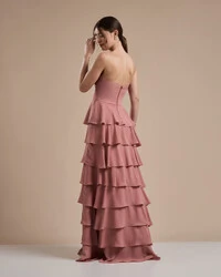 Vestido Longo Crepe Chiffon Tomara que Caia Plissado em Camadas Rose