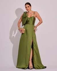 Vestido de Festa Longo em Zibeline com Laço Removível Verde Oliva