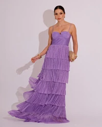 Vestido de Festa Longo Tule Glitter com Camadas Lilás