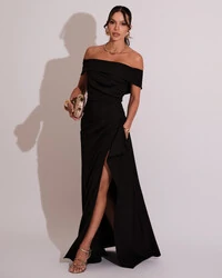 Vestido de Festa Longo Ombro a Ombro com Fenda em Alfaiataria Preto