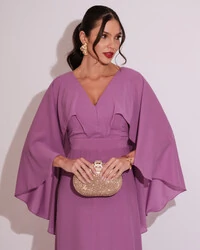 Vestido Longo com Capa Crepe Fucsia